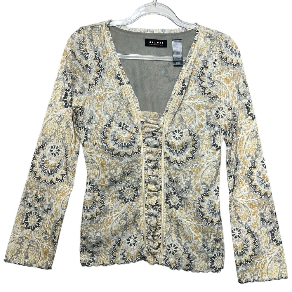 VTG Y2K Axcess Mesh Nylon Ruffle Edge V Neck Long Sleeve Boho Mandala Top Rouged